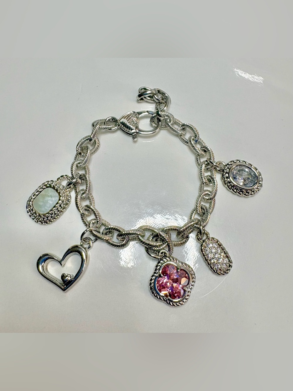 White Gold Filled (14k) Charm Bracelet W/ Five Stunning Pendant!